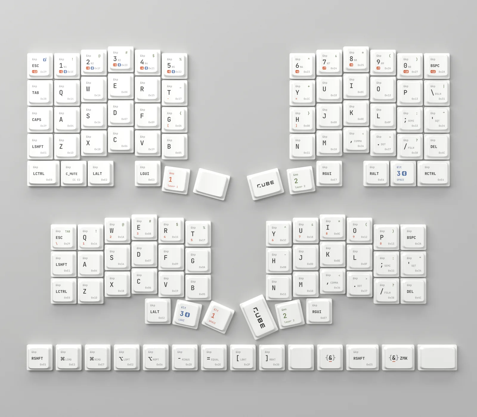 keycode keycaps arranged as MIX (top) and CORNE (bottom)